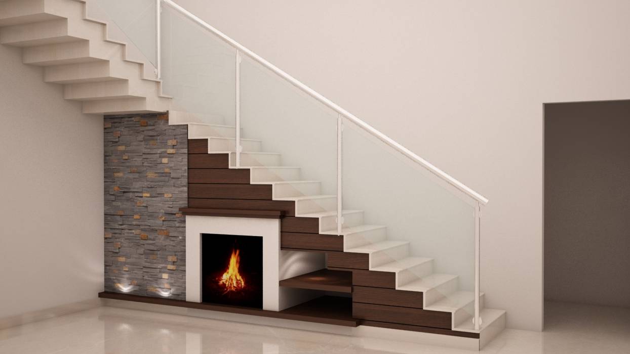 Under stairs—fire place with display shelves homify