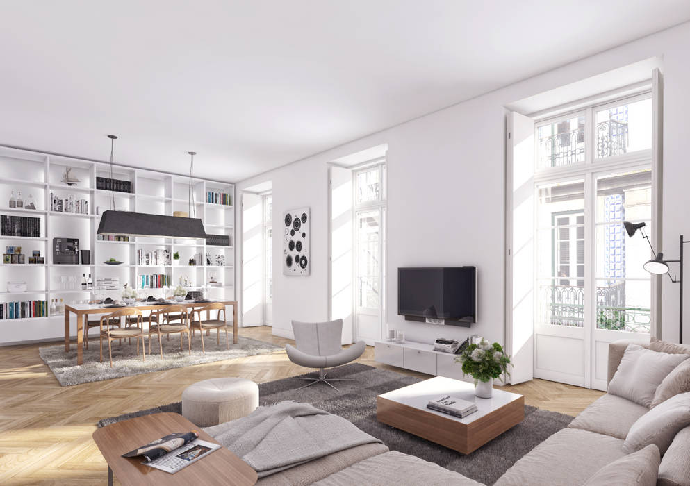 Flores 45 - Odeon Properties, Onstudio Lda Onstudio Lda Salas de estar modernas living room,dinning room,3D,cgi,Lisboa