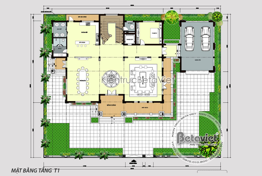 Mặt bằng tầng 1 mẫu biệt thự đẹp 3 tầng Tân cổ điển châu Âu KT17062 Công Ty CP Kiến Trúc và Xây Dựng Betaviet