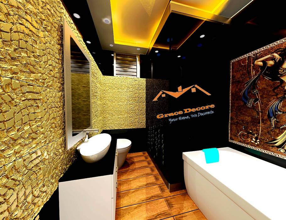 Bathroom Grace Decore bathroom design,small bathroom,golden tiles,wooden floor,potrait,shower cabinet,awesome