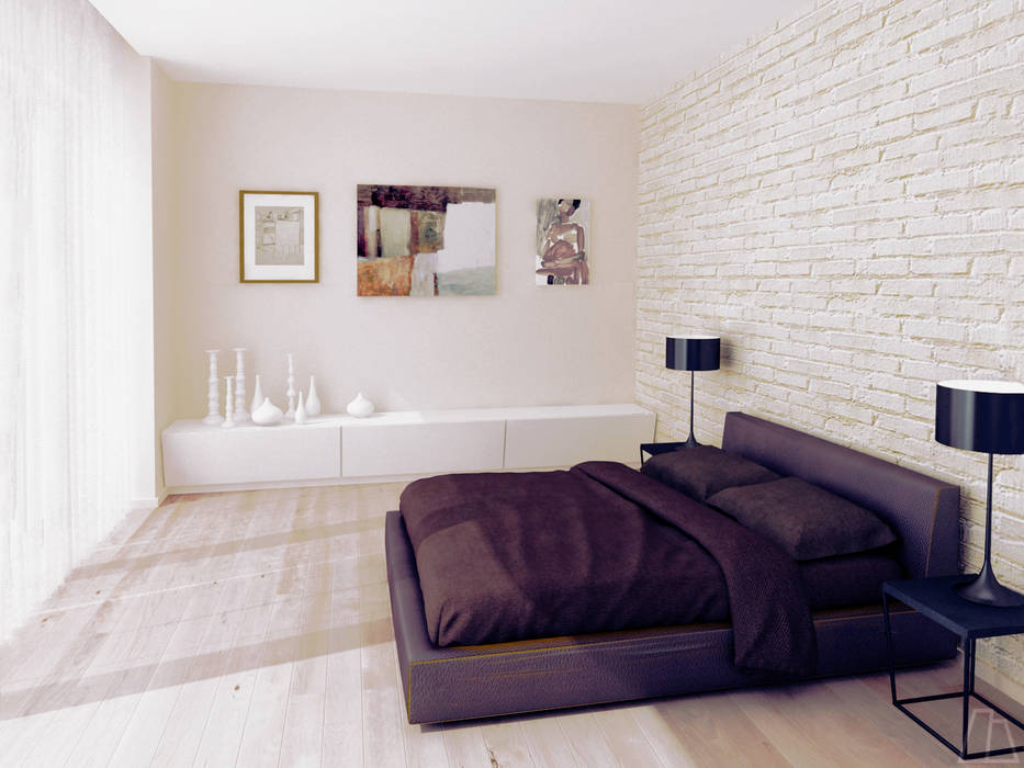 Projekt sypialni, Moskou Architektura Wnętrz Moskou Architektura Wnętrz Minimalistyczna sypialnia Cegły projekt sypialni,biała cegła,podwójne łóżko,jasne drewno