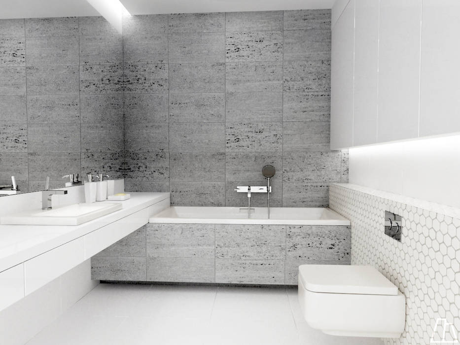 Projekt łazienki, Moskou Architektura Wnętrz Moskou Architektura Wnętrz Minimalistyczna łazienka Płytki łazienka,oświetlenie,szarość i biel,biała mozaika