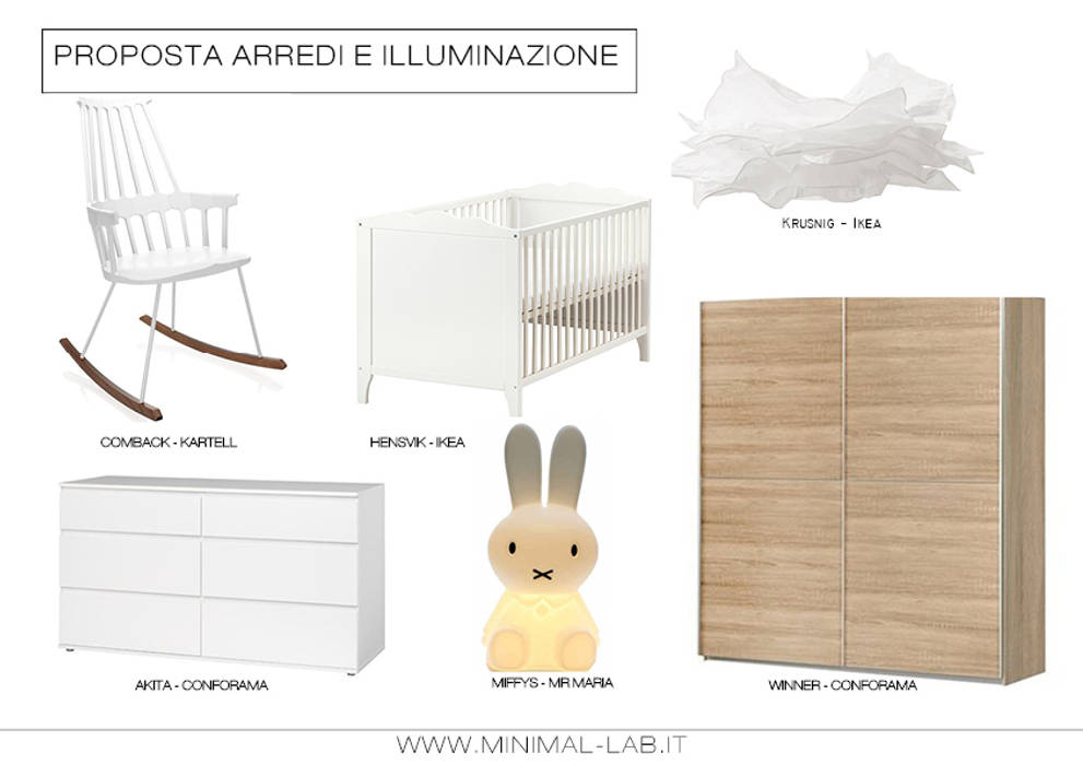 Proposta arredi MINIMAL | Laboratorio d'Interni Cameretta neonato cameretta,lettino neonato,sedia a dondolo,lampadario carta,ikea