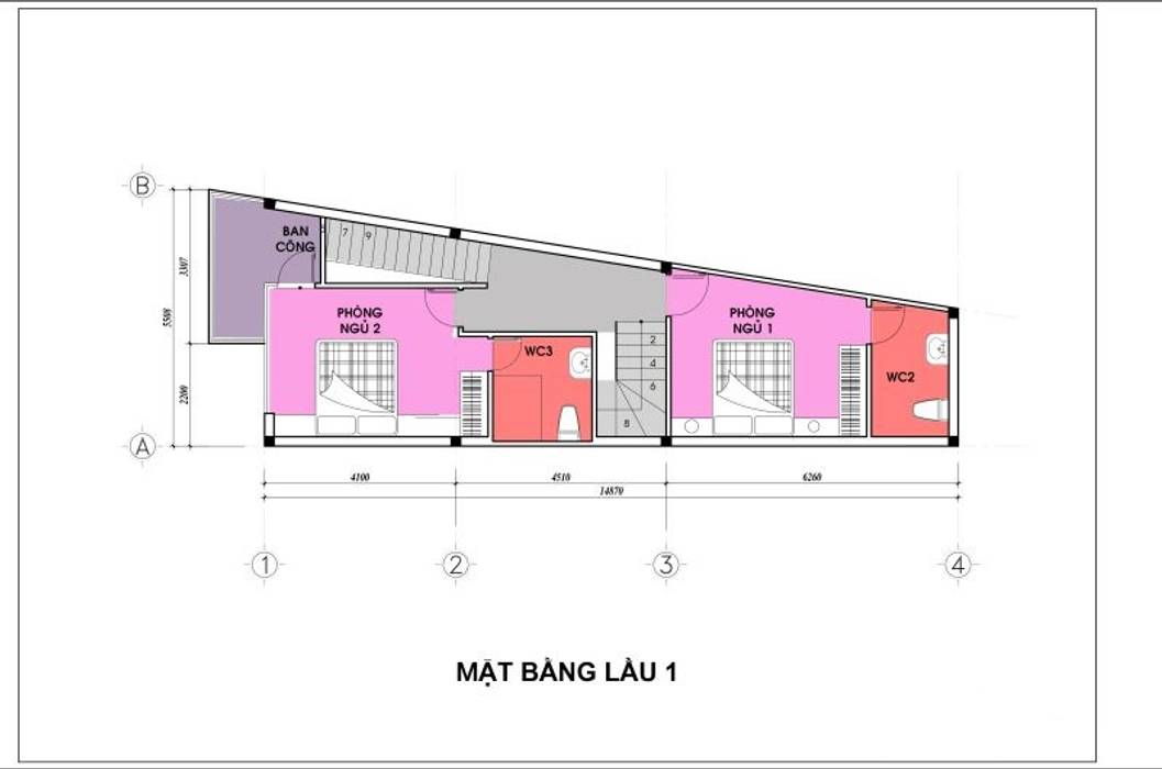 Bản vẽ mặt bằng lầu 1 nhà phố 4 tầng. Công ty TNHH TK XD Song Phát Nhà gia đình Đồng / Đồng / Đồng thau