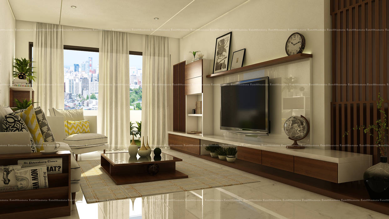living room Fabmodula Modern living room living,wood panel wall,wooden shelf,marble flooring,tv,custom-made shelves