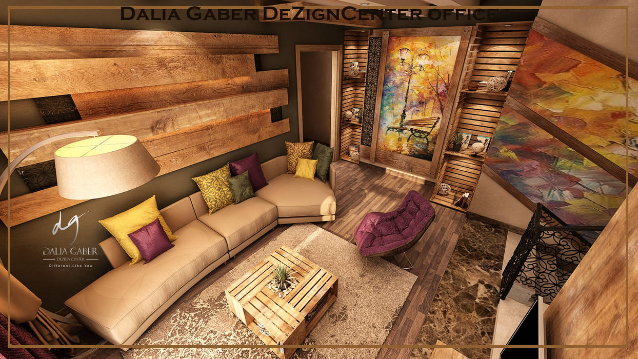 by Dalia Gaber ,Modern livingroom DeZign center office by Dalia Gaber غرفة المعيشة ألواح خشب مضغوط