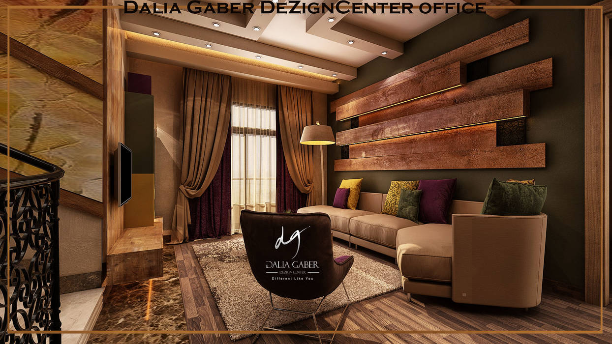 by Dalia Gaber ,Modern livingroom DeZign center office by Dalia Gaber غرفة المعيشة ألواح خشب مضغوط