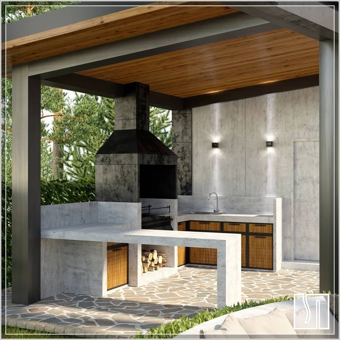 зона барбекю Студия дизайна Светланы Исаевой Балкон и терраса в стиле минимализм монгал,кухня во дворике