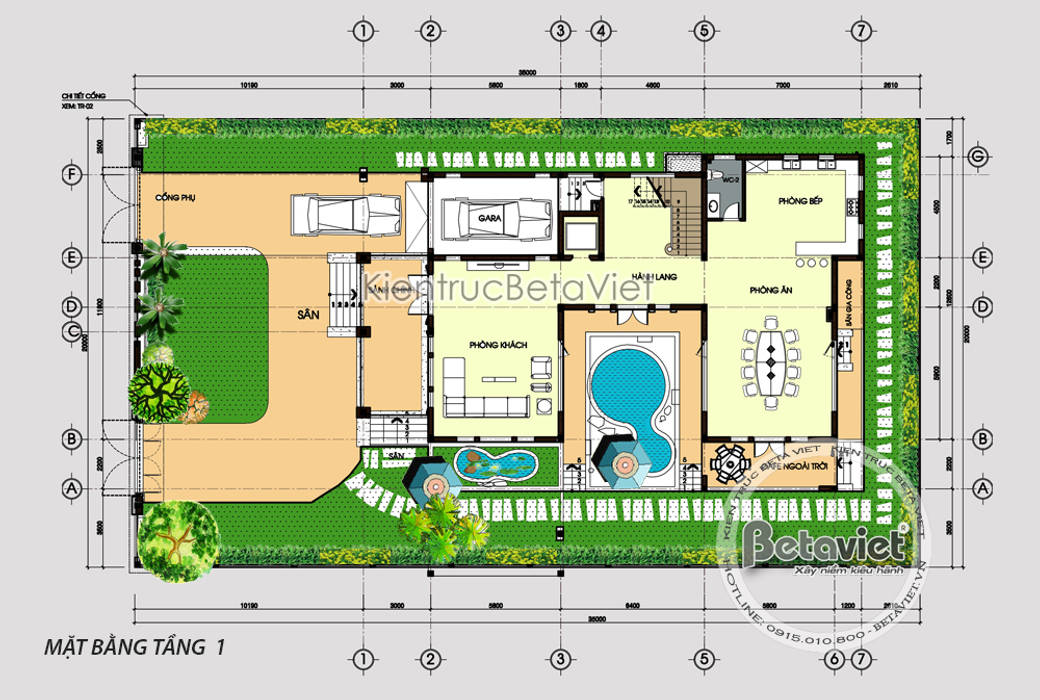 Mặt bằng tầng 1 mẫu thiết kế biệt thự hiện đại 3 tầng có bể bơi ( CĐT: Ông Sơn - Hà Nội) KT17109 Công Ty CP Kiến Trúc và Xây Dựng Betaviet