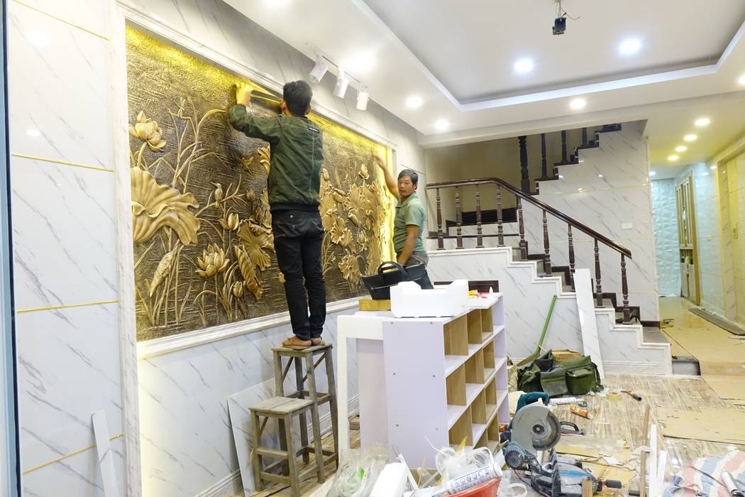 Công trình ốp tường trang trí nội thất tại Cổ Nhuế Hà Nội, Công Ty TNHH Ferino Việt Nam Công Ty TNHH Ferino Việt Nam Phòng khách