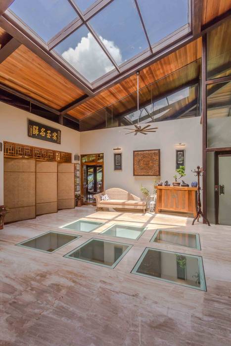 Hallway Entrance with a glass floor MJ Kanny Architect Tropical style balcony, porch & terrace living, skylight