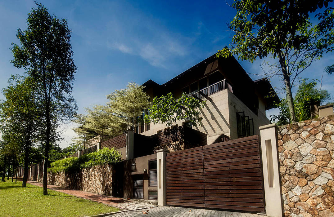 External Facade with stone cladding MJ Kanny Architect Tropical style houses malaysia,Malaysia,facade,tropical homes