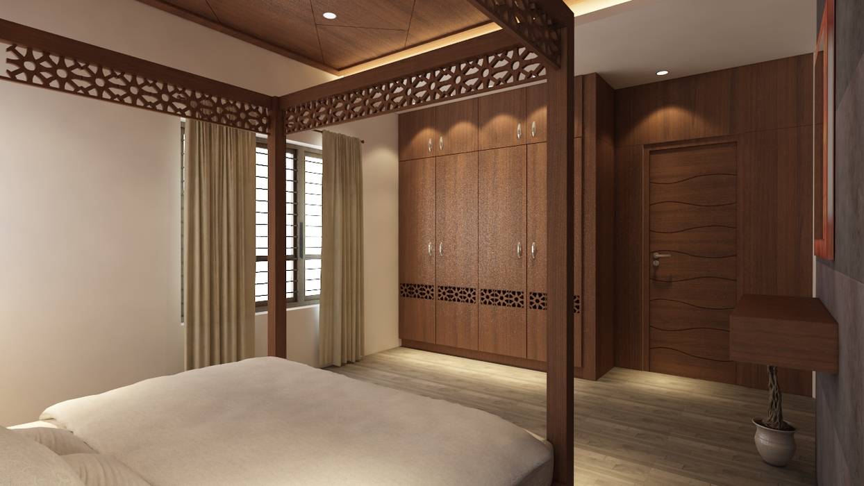 The Circular Courtyard House, S Squared Architects Pvt Ltd. S Squared Architects Pvt Ltd. Tropical style bedroom Engineered Wood Transparent masterbed