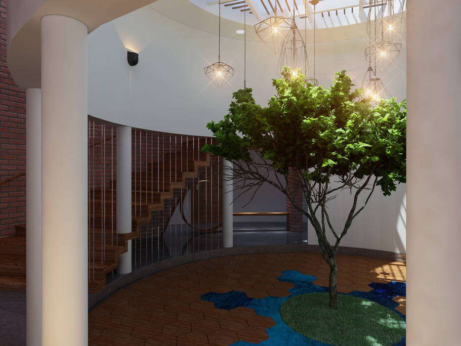 The Circular Courtyard House, S Squared Architects Pvt Ltd. S Squared Architects Pvt Ltd. Tropical style corridor, hallway & stairs