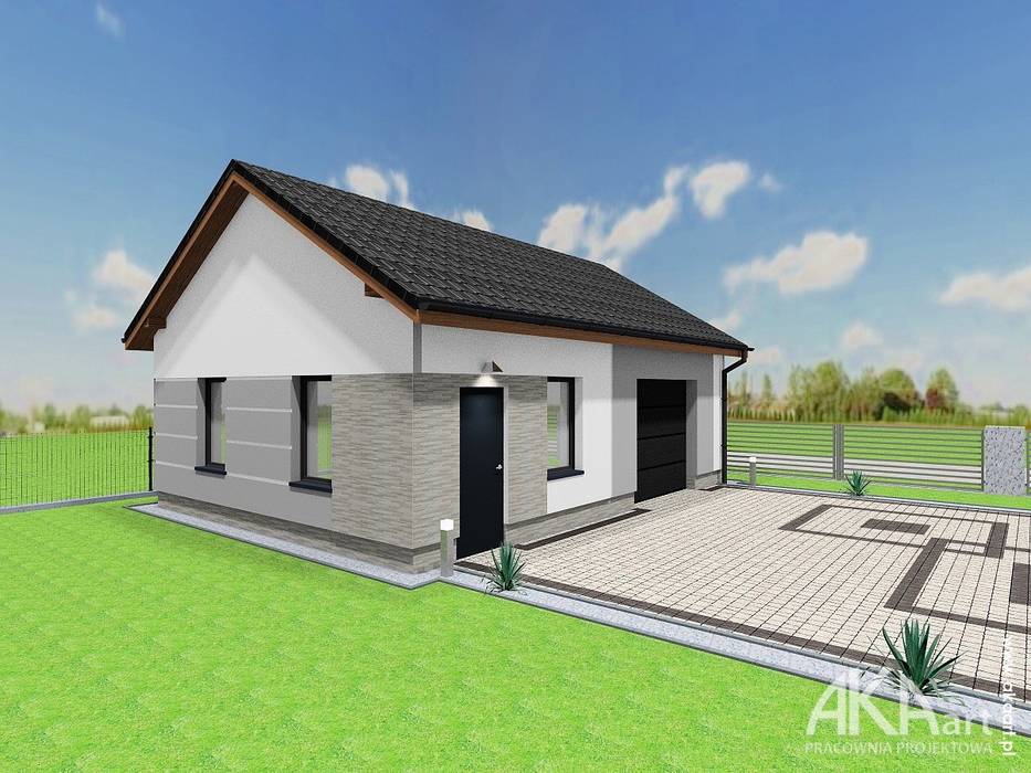 Projekt elewacji wraz z otoczeniem, ogrodzeniem i budynkiem garażu., AKAart Pracownia Projektowa AKAart Pracownia Projektowa Modern garage/shed