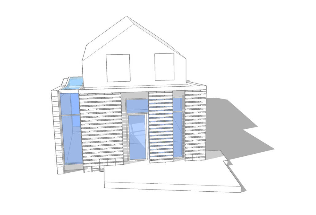 modern by ArchitectureLIVE, Modern timber cladding,rear extension,full height glazing,louvres,green roof,south facing,single storey