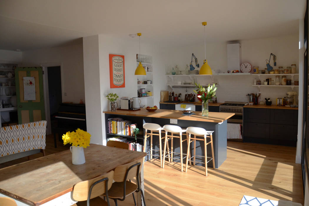 Open Plan Living for a Victorian Property ArchitectureLIVE Built-in kitchens open plan kitchen,open plan living,open space kitchen,timber flooring,yellow pendant light,grey kitchen,open shelves