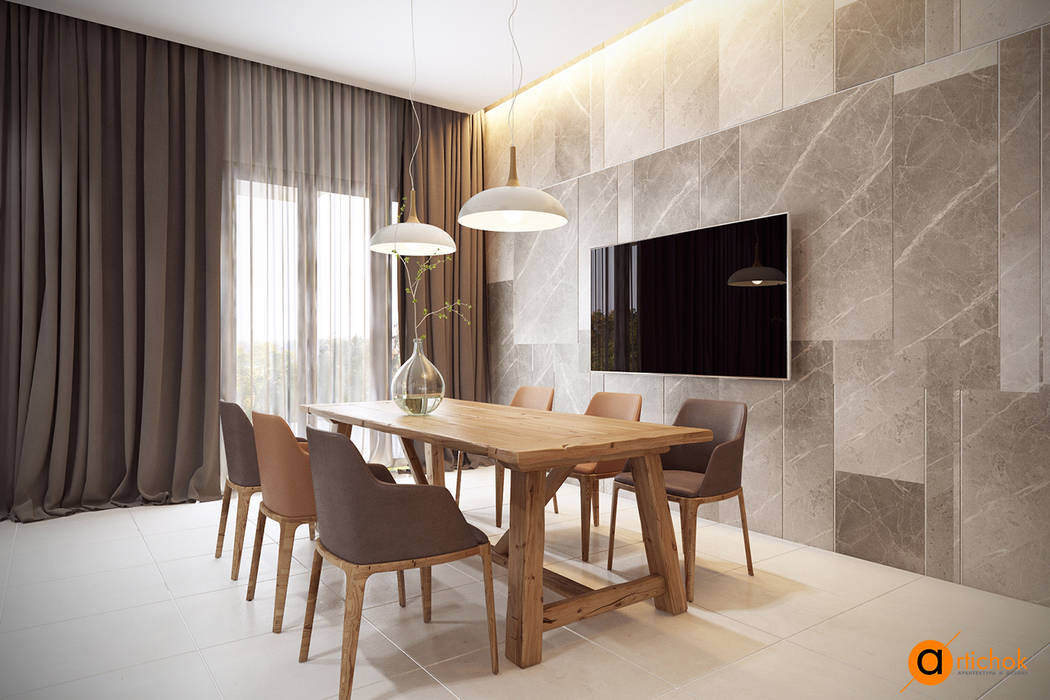 Идеи красивого дизайна интерьера столовой в светлых тонах Artichok Design Столовая комната в стиле минимализм