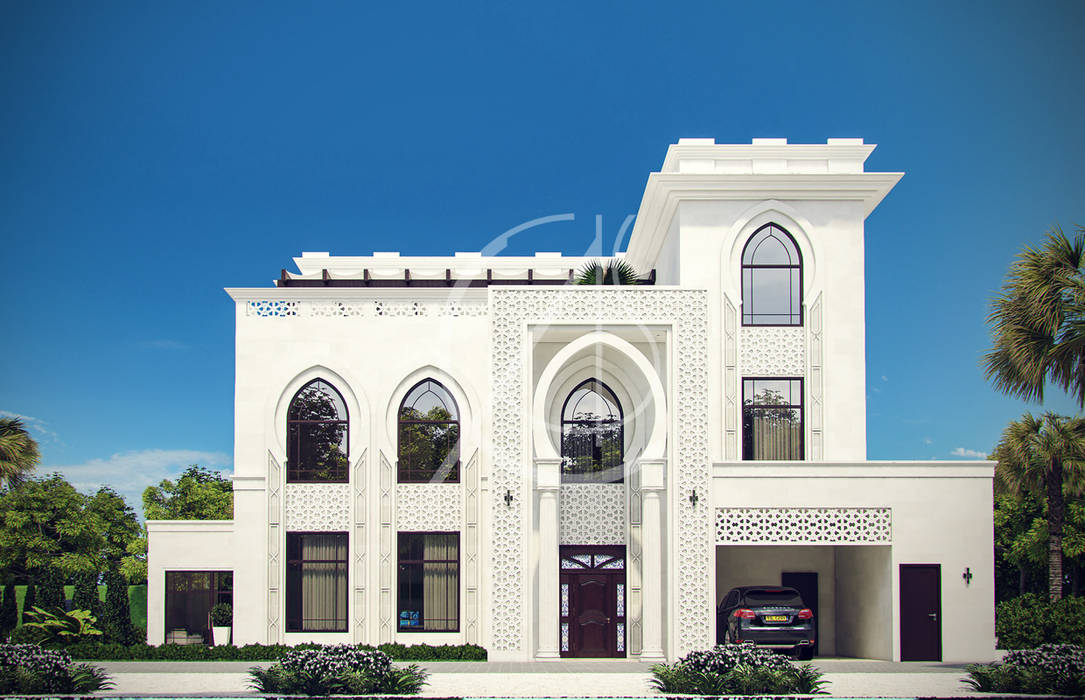 Main Entrance homify فيلا Islamic design,modern villa,modern exterior,facade design,modern facade,geometric patterns,white exterior,horseshoe,pointed arches