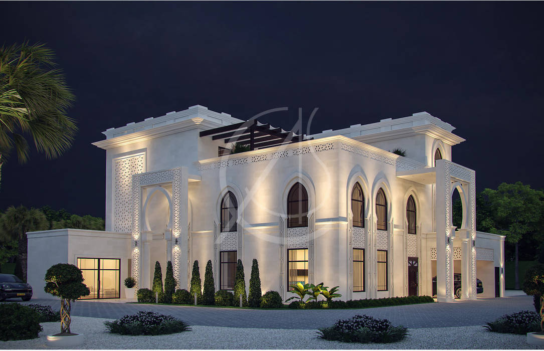 Driveway homify Vilas islamic design,modern exterior,modern facade,facade design,white,stone,geometric patterns,arched windows,driveway