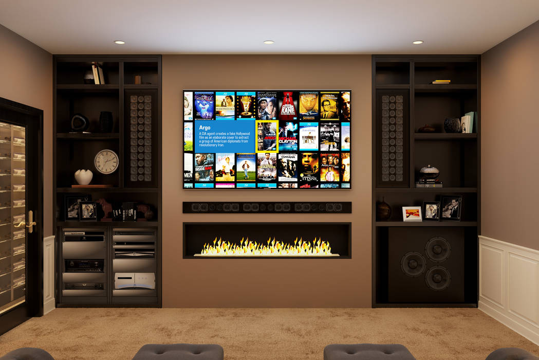 Front View showing TV and bespoke speaker package Custom Controls Electronics ​home cinema,home theater,cinema room,media room,basement cinema