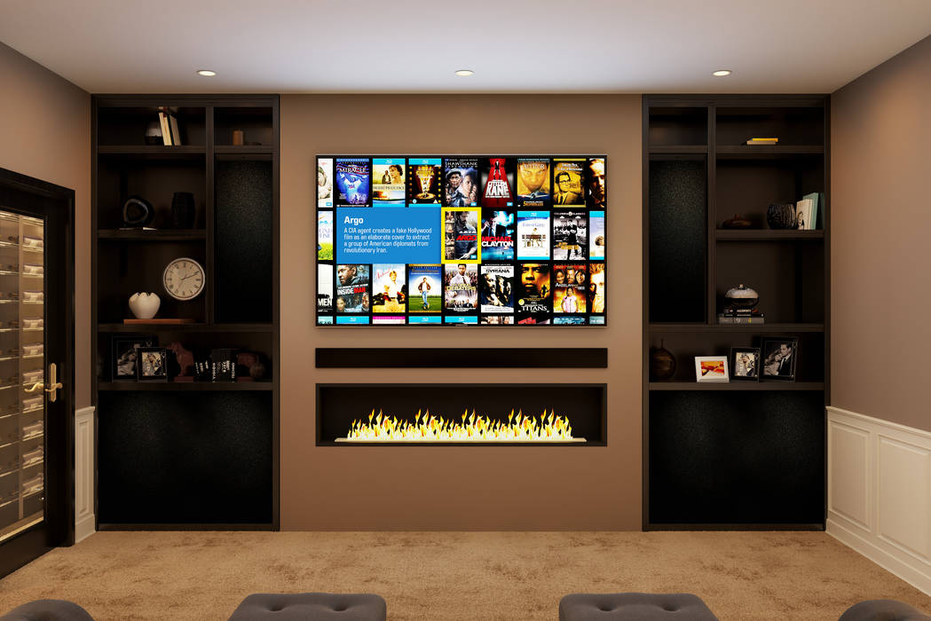 Front view showing media wall with bespoke speakers sized to tv homify