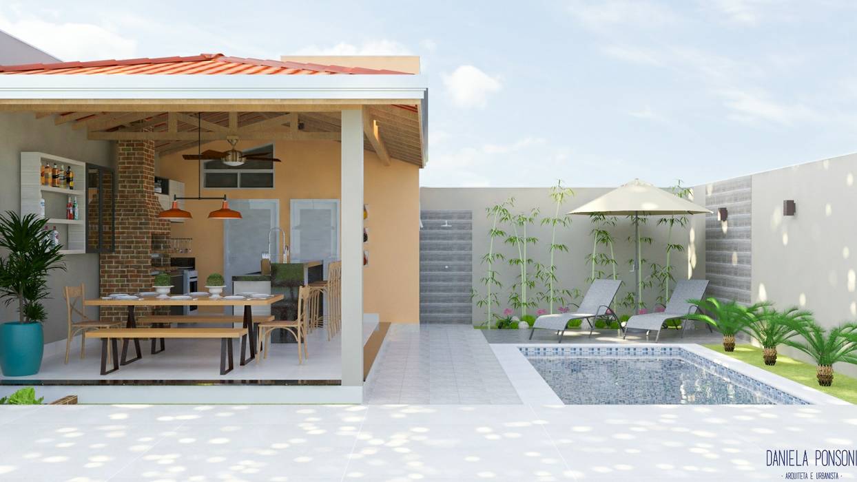 Espaço gourmet com piscina, Daniela Ponsoni Arquitetura Daniela Ponsoni Arquitetura สระในสวน