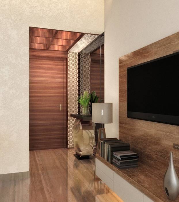ENTRANCE AREA - 2 BHK AT CHANDIVALI A Design Studio Modern living room Wood Brown wooden door,ELEGANT DESIGNS,ENTRANCE,LED LIGHTS,MIRROR,CONSOLE DESIGN,HOME DESIGNS,PASSAGE,MARBLE,WOODEN CEILING,MARBLE FLOORING