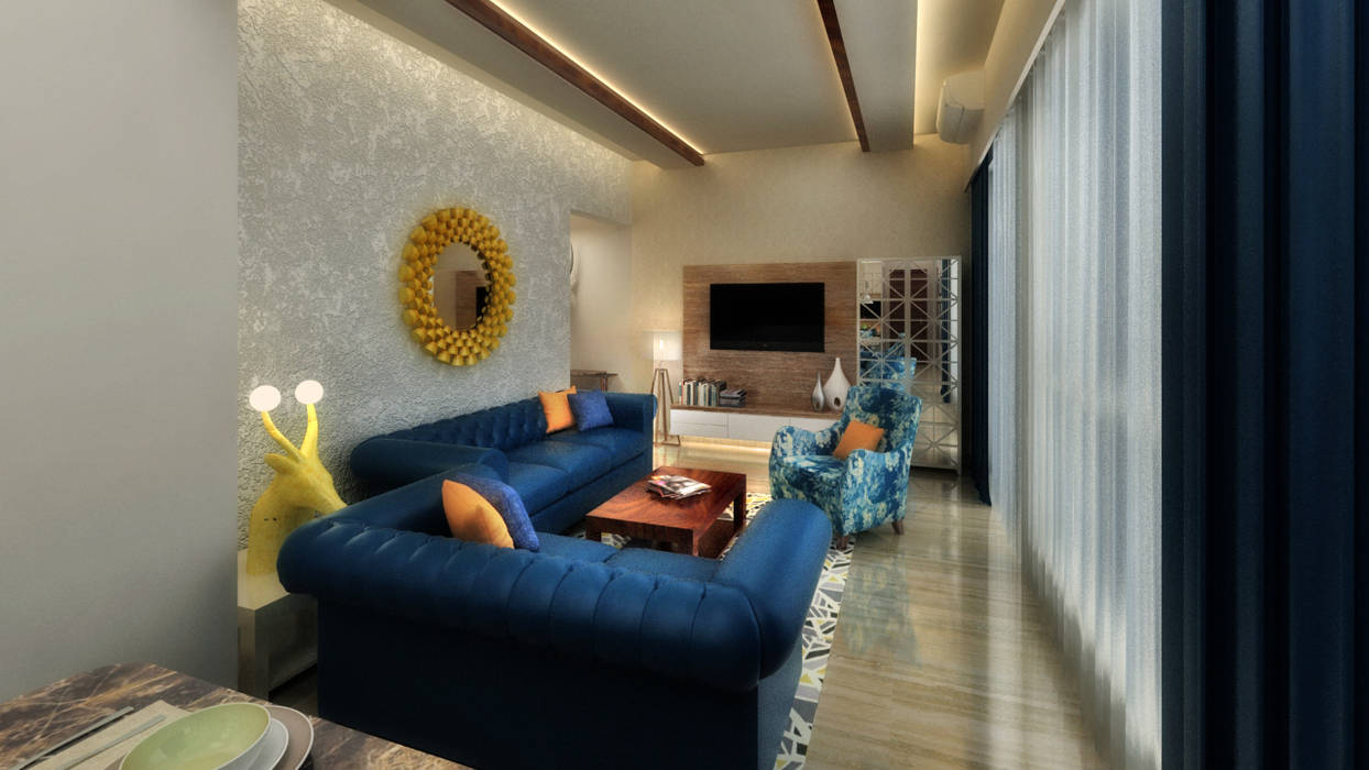 LIVING ROOM A Design Studio Modern living room Wood Beige BLUE SOFA,MARBLE,WOODEN CEILING,COVE CEILING,HOME DECOR,MIRROR,CARPETS,NICE AMBIENCE,LUXURIOUS,WOOD,CENTRE TABLE,TV UNIT