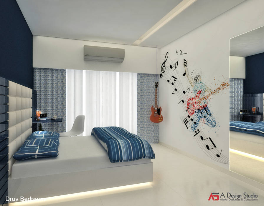 YOUNGSTERS BEDROOM A Design Studio Modern style bedroom Wood Wood effect BLUE,WOODEN,PANELING,WALLPAPER,BED,GRAPHICS DESIGN,WARDROBE