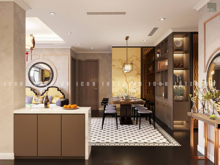 Nội thất căn hộ Vinhomes Central Park thiết kế theo phong cách Đông Dương, ICON INTERIOR ICON INTERIOR Phòng ăn phong cách châu Á