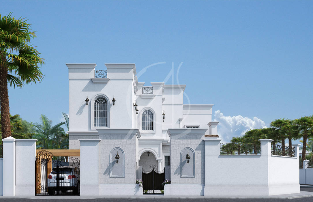 Main Entrance homify Haciendas classic villa,classic exterior,classic facade,cornice,wrought iron,forged metal,white exterior,white villa,arched windows,fence,gate,luxury