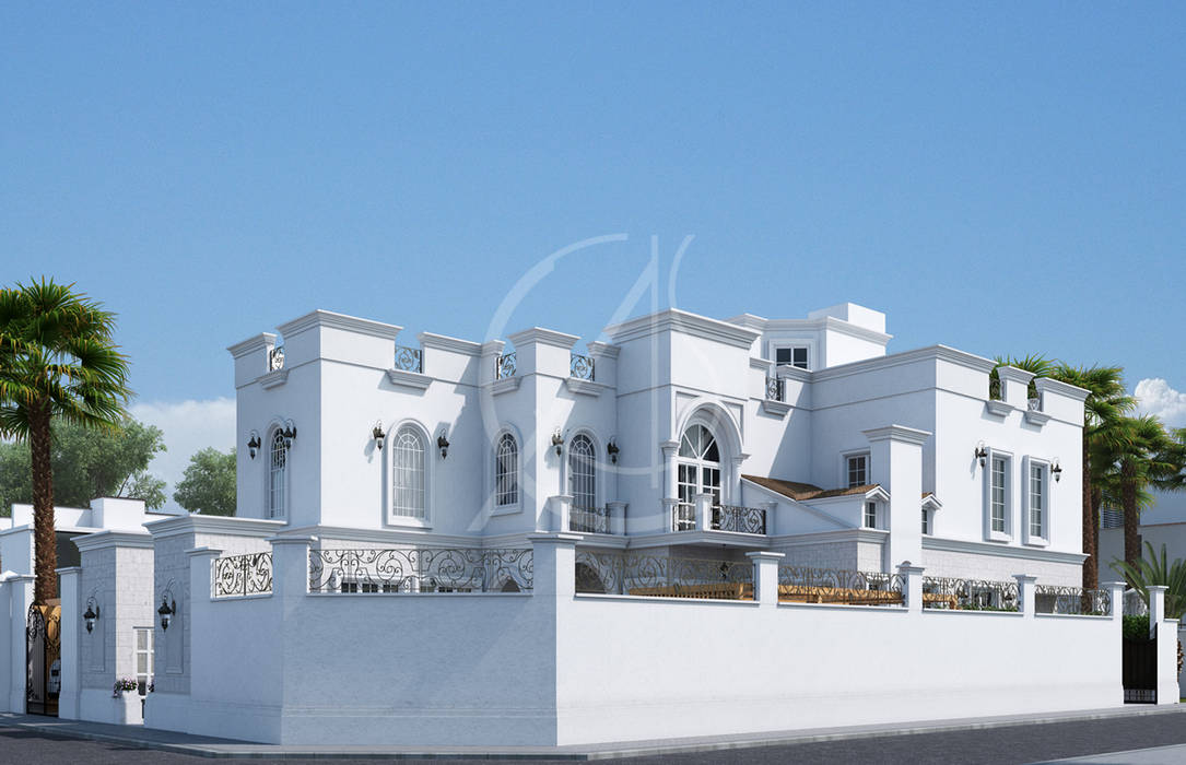 Side View homify Villas white villa,classic villa,classic exterior,cornice,arched windows,fence,wrought iron,forged metal,classic fence,private residence,luxury