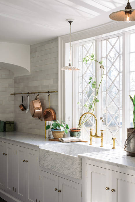 The Mill House Kitchen by deVOL deVOL Kitchens Kitchen Marble windows,old,carrara marble,marble,worktop,sink,aged brass,taps