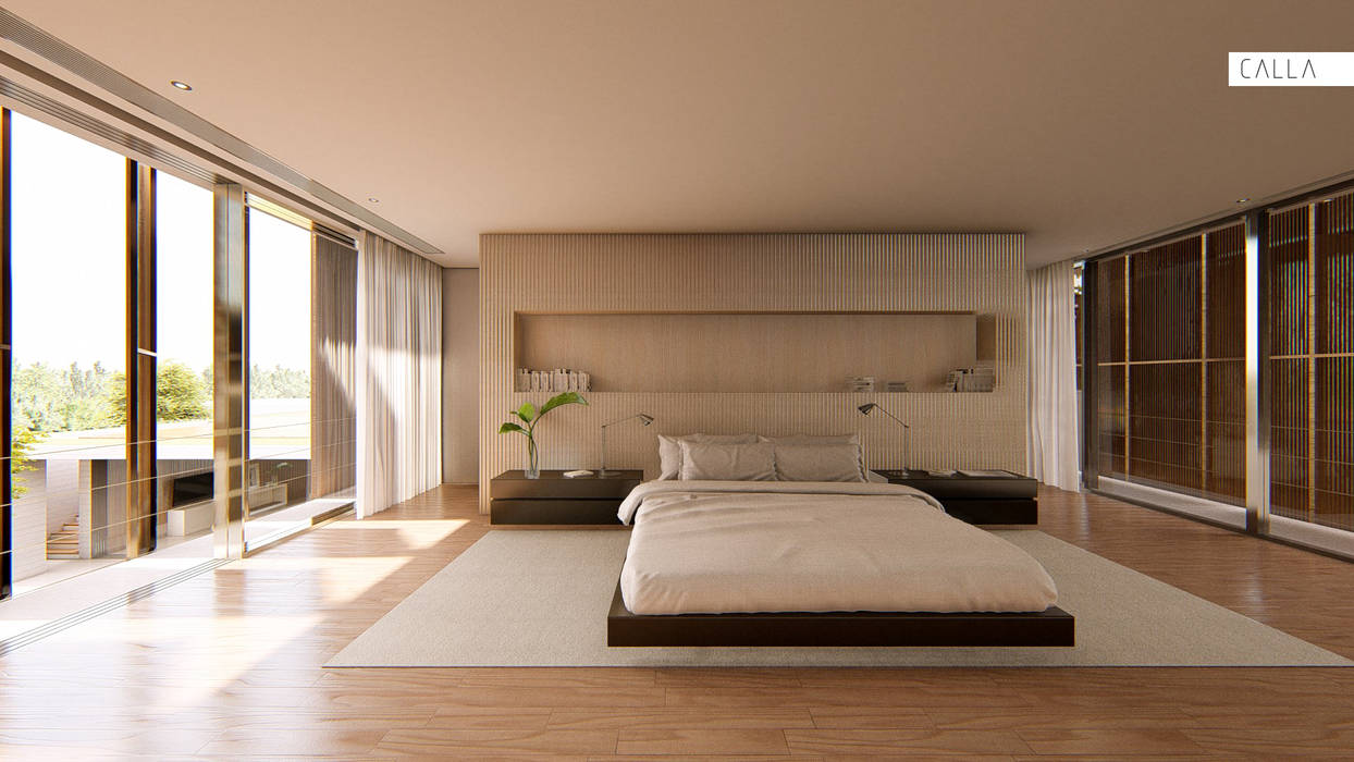 Suite Master Casa Ginkgo Studio Calla Arquitetura Quartos minimalistas Madeira Efeito de madeira Privacidade,conforto,suíte,suite master,cama king,madeira