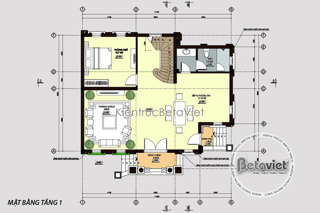 Mặt bằng tầng 1 thiết kệ dinh thự - biệt thự đẹp 3 tầng Cổ điển Pháp (CĐT: Ông Phú - Hà Nội) KT16462 Công Ty CP Kiến Trúc và Xây Dựng Betaviet