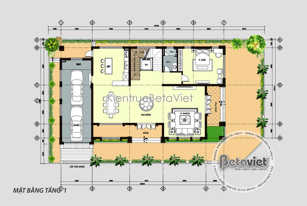 Mặt bằng tầng 1 mẫu thiết kế biệt thự đẹp 3 tầng Hiện đại đẹp hoành tráng lung linh (CĐT: Bà Dung - Hải Dương) KT17502 Công Ty CP Kiến Trúc và Xây Dựng Betaviet