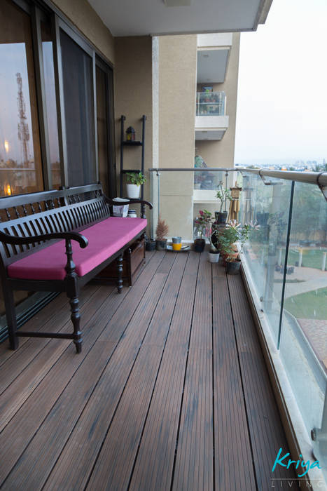 3 BHK Apartment - Raheja Pebble Bay, KRIYA LIVING KRIYA LIVING Modern living room Window,Building,Wood,Plant,Table,Shade,House,Porch,Sky,Outdoor furniture