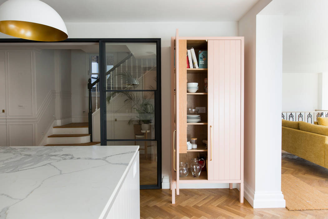 Urban rustic style - Victorian villa, Hammersmith My-Studio Ltd Built-in kitchens MDF kitchen,kitchen design,pink kitchen,pink cabinet,crittal,wood flooring,marble