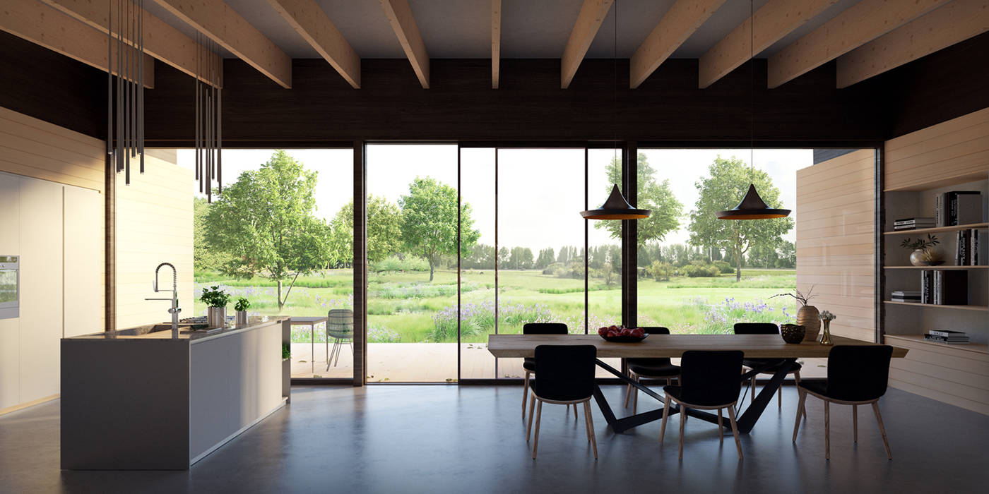 uitzicht tuinkamer STAAG architecten Landelijke eetkamers Hout Hout landelijk wonen,wonen in het groen,villa in de natuur