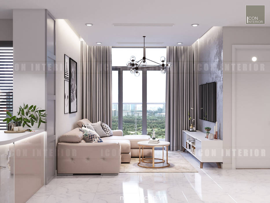 Thiết kế nội thất Vinhomes Centra Park đẹp rạng ngời cùng sắc trắng tinh khôi, ICON INTERIOR ICON INTERIOR Phòng khách