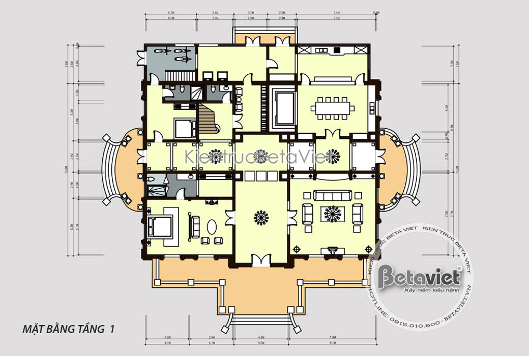 Mặt bằng tầng 1 mẫu thiết kế lâu đài dinh thự đẹp 3 tầng Tân cổ điển (CĐT: Ông Chiến - Thanh Hóa) KT17116 Công Ty CP Kiến Trúc và Xây Dựng Betaviet