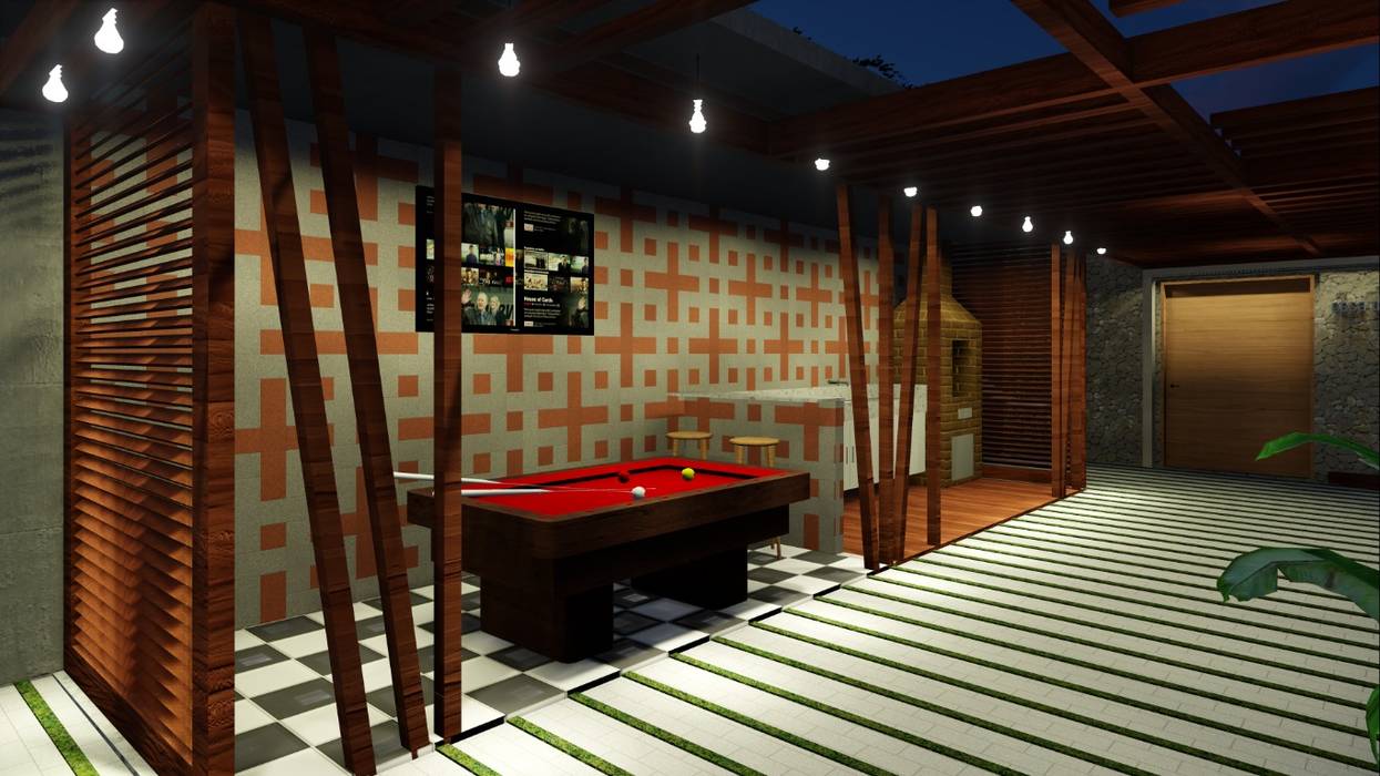 Área de Lazer, Janela Arquitetura Janela Arquitetura Tropical style balcony, veranda & terrace Wood