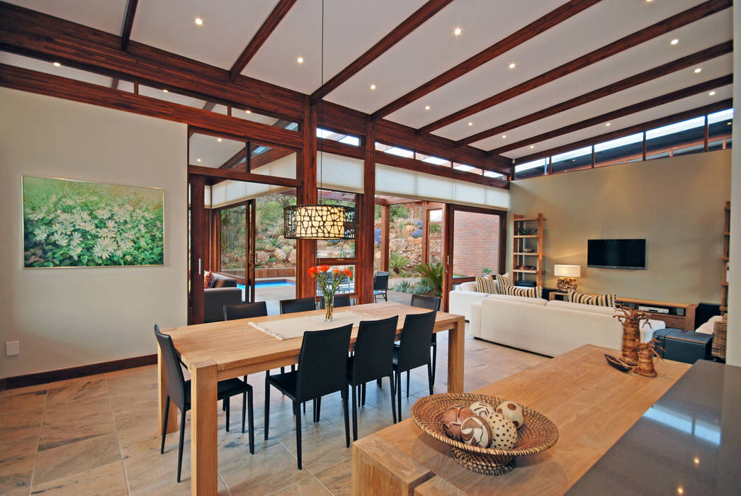 Dining area Hugo Hamity Architects Modern living room timber house,dining room,living area,eco home,passive house