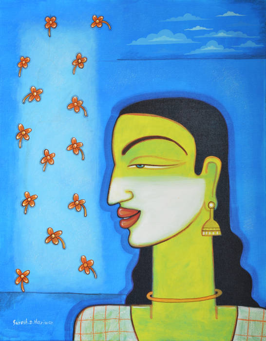 Purchase “Lady with flowers” Mixed Media Art at Indian Art Ideas, Indian Art Ideas Indian Art Ideas Autres espaces Photos et illustrations