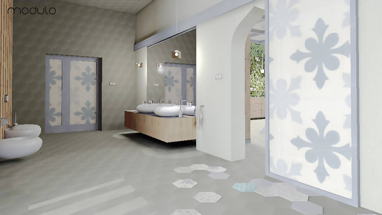 LOFT inspirowany stylem marokańskim., MODULO Pracownia architektury wnętrz MODULO Pracownia architektury wnętrz Eklektyczna łazienka łazienka,umywalka,lustro,szafka podwieszana,toaleta,heksagony,drzwi przesuwne,maroko