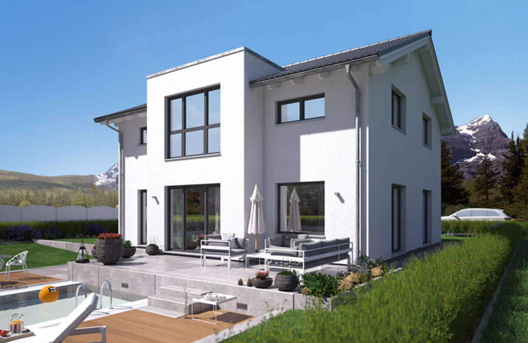 SENTO 503 D homify Fertighaus Einfamilienhaus,Fertighaus,Zwerchgiebel,Satteldach,Terrasse,fertighausbau,holzbauweise,fertighäuser