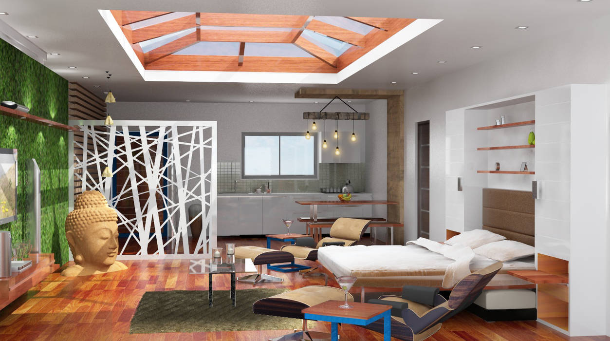 Studio apartment design with open kitchen design Rhythm And Emphasis Design Studio Modern living room
