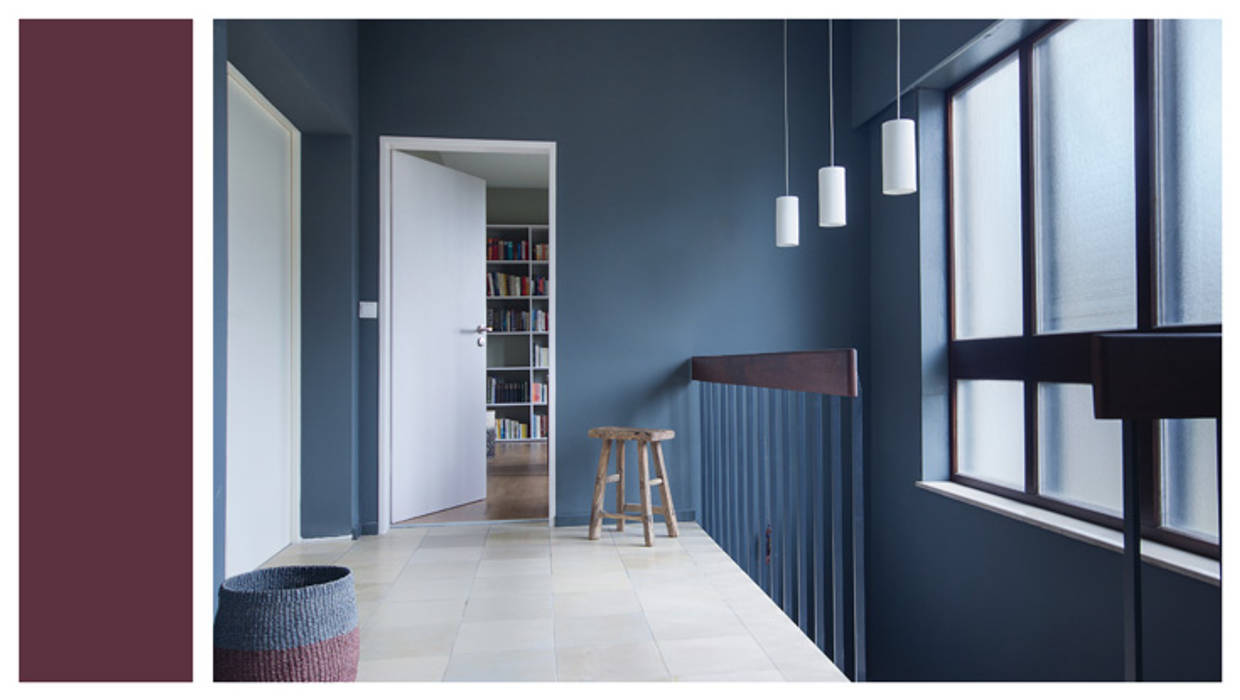Einrichtungsplanung und -gestaltung, Eingangsfoyer BANDYOPADHYAY interior Moderner Flur, Diele & Treppenhaus Foyergestaltung,Farbkonzept,Blaugrau,solnhoferplatte,Flurgestaltung