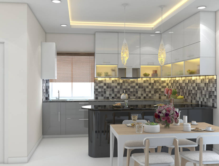 Open Kitchen Ideas in white and grey with a breakfast counter Rhythm And Emphasis Design Studio Modern kitchen